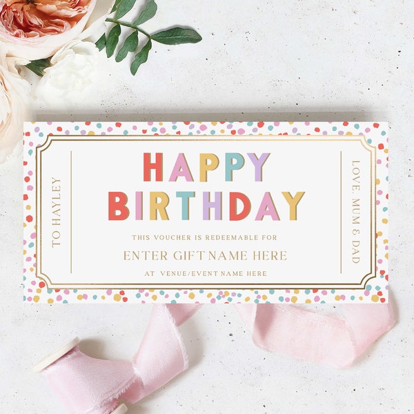 Happy Birthday Custom Gift Voucher Template, Printable Birthday Gift Certificate, Unisex Printable Birthday Gift Coupon, Multi Dot