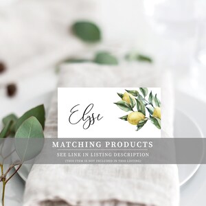 K&ouml;nnte beinhalten: Eine wei&szlig;e Karte mit dem Namen "Elyse" in schwarzer Schreibschrift. Die Karte zeigt eine Aquarell-Illustration eines Zitronenzweigs mit gr&uuml;nen Bl&auml;ttern und gelben Zitronen. Der Text "MATCHING PRODUCTS SEE LINK IN LISTING DESCRIPTION (THIS ITEM IS NOT INCLUDED IN THIS LISTING)" ist in Schwarz am unteren Rand der Karte gedruckt.