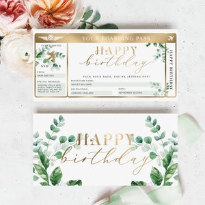 Alles Gute zum Geburtstag Bordkarte Vorlage - Druckbare Überraschung Gefälschte Flugticket Goldfolie - Urlaub Flugzeug Ticket Geschenk - Ferras Greenery