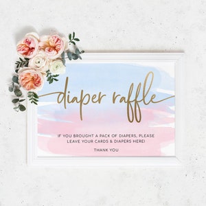 Rosa Blau-Windel-Verlosungskarte und Zeichen, Geschlechtsneutrales Babyparty-Windel-Verlosungslos, Geschlecht offenbaren Partyspiel, rosa und blaues Aquarell