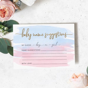 Cartão e placa com sugestões de nomes de bebês, jogo de ideias de nomes de bebês em aquarela rosa e azul, jogo de chá de bebê para revelação do sexo do bebê para impressão