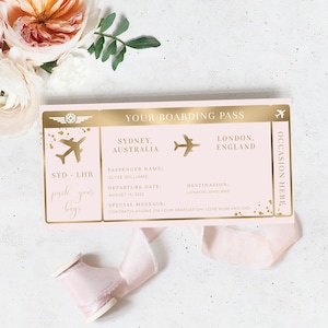 Modèle modifiable de carte d'embarquement - faux billet d'avion surprise en or rose imprimable - cadeau billet d'avion pour les vacances - feuille d'or - Paintly