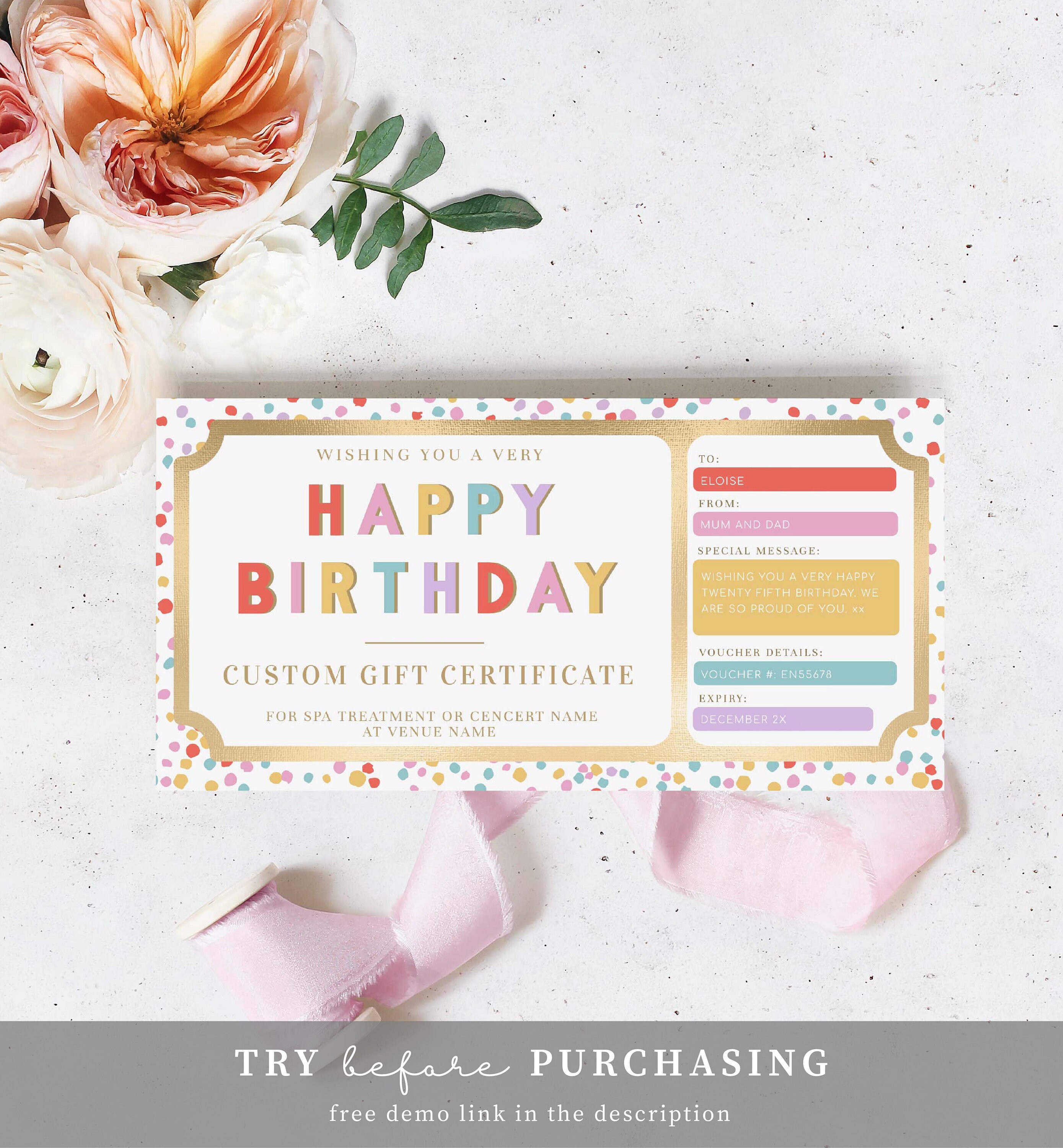 Happy Birthday Custom Gift Voucher Template Printable - Etsy UK
