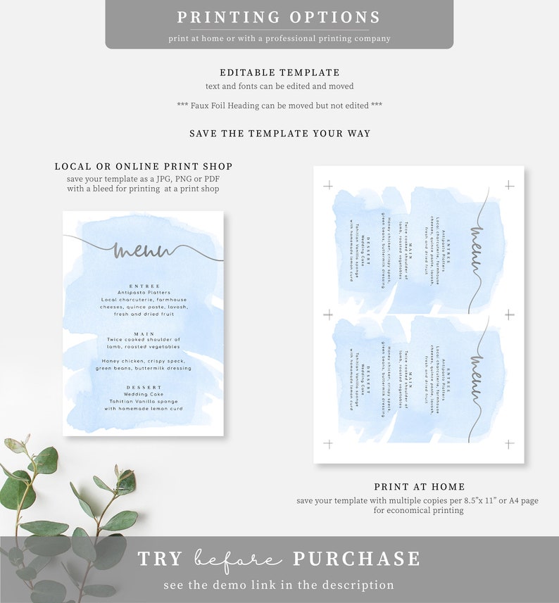 Editable Printable Menu Template Wedding Menu Blue Watercolor Menu DIY Menu Editable Template DIY Wedding Stationery Silver Foil image 4