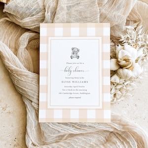 Modello di invito stampabile per baby shower con orsetto a quadretti marrone chiaro, invito per baby shower picnic a quadretti marrone chiaro neutro, baby shower con barbecue