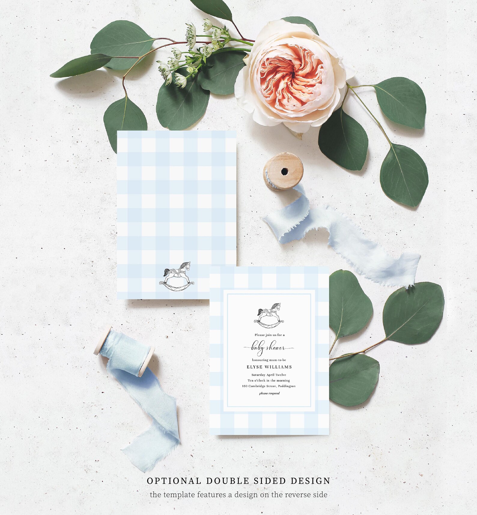 Rocking Horse Boy Baby Shower Blue Gingham Printable Etsy