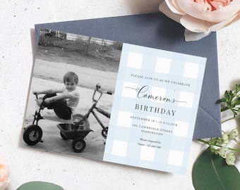 Blue Gingham Boy Birthday Photo Invitation, Editable Evite Printable Template