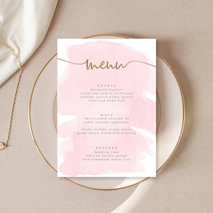 Edytowalne menu - Wydrukowane menu kolacji - Złota folia - Różowa akwarela - Menu na stół weselny - Menu na baby shower - Menu na wieczór panieński