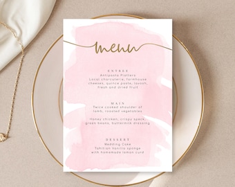 Editable Menu - Printable Dinner Menu - Gold Foil - Pink Watercolour - Wedding Table Menu - Baby Shower Menu - Bridal Shower Menu