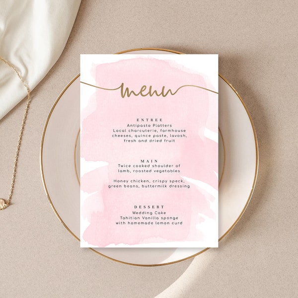 Editable Menu - Printable Dinner Menu - Gold Foil - Pink Watercolour - Wedding Table Menu - Baby Shower Menu - Bridal Shower Menu