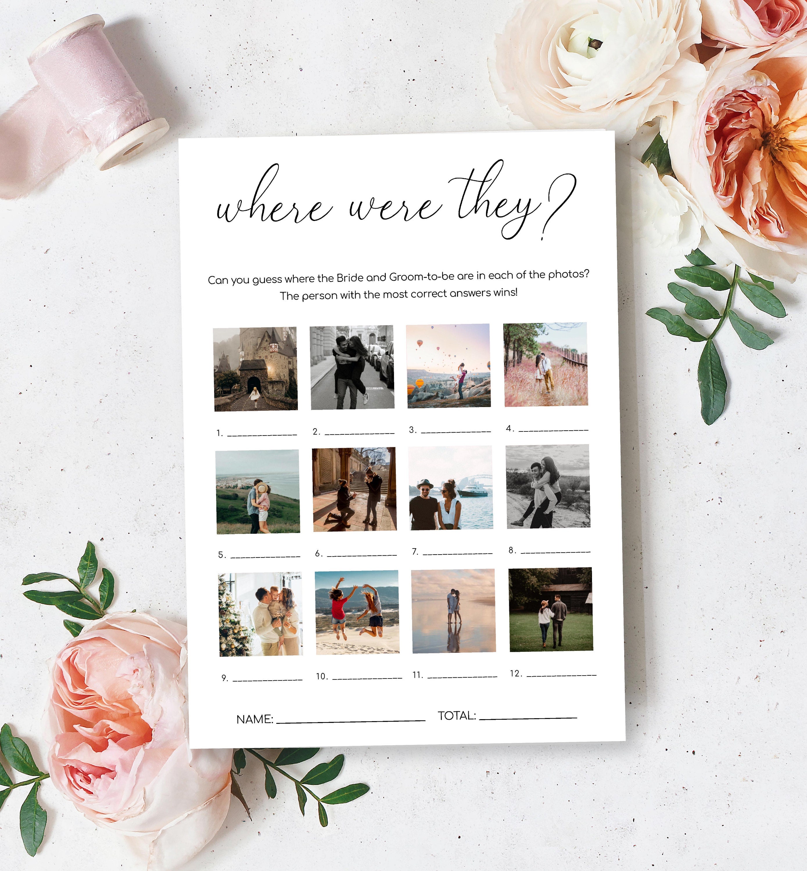 Where Were They Photo Game, Holiday Destination Photo Guessing Game, Minimalist Bridal Shower Game, Couples Shower Game, Quinn Script