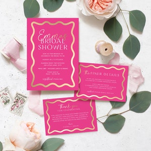 Brautdusche Einladung Set Vorlage, Wave Einladung, Hot Pink Gold, Details und Dankeskarten Set, Moderne Kurvige Linie