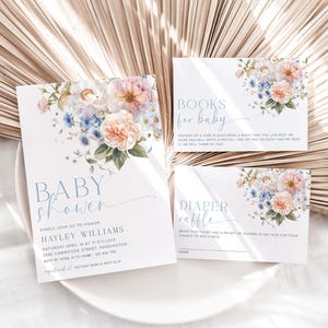 Faire-part de baby shower à imprimer, demande de livre et tombola de couches, invitation à un brunch de bébé floral bleu, baby shower de garçon bleu poussiéreux, Hargrove