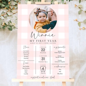Tablero de hitos del bebé imprimible, cuadro vichy rosa, póster del primer año del bebé, pancarta con foto del hito del primer cumpleaños de los 12 meses