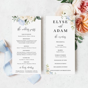 May include: Wedding ceremony program with floral design. The program lists the order of events for the wedding ceremony, including the processional, welcome, reading, words of wisdom, exchanging of vows, exchange of rings, declaration of intent, and announcement and presentation. The program also includes the names of the wedding party members.