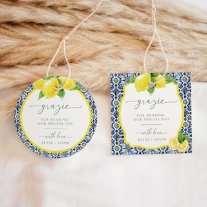 Etiqueta de agradecimiento imprimible con diseño de "Grazie", azulejo italiano de Positano, limón, etiqueta de agradecimiento para despedida de soltera, etiquetas de regalo para boda, etiquetas de regalo para baby shower