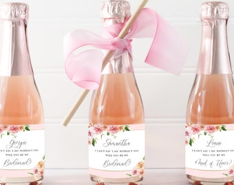 Bridesmaid Proposal Mini Champagne Bottle Label, Floral Maid Of Honor Proposal Wine Bottle Label, Bridesmaid Gift, Quinn Pink