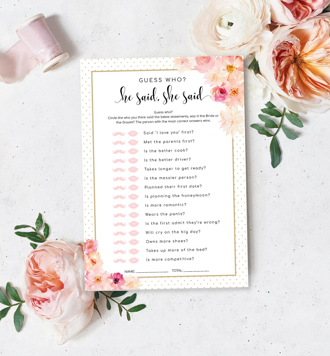 Editable Guess Who? He Said She Said Game - Blush Floral Printable Hen ...