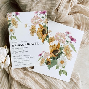Faire-part de douche nuptiale tournesol, Faire-part de douche nuptiale floral automne, Faire-part imprimable fête poules florales automne, Floral Mews
