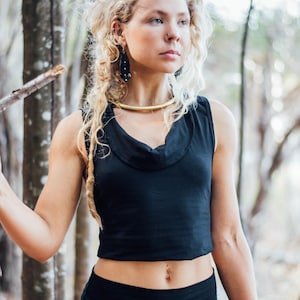Organic Handmade Top Eco Bamboo Stretchy Top Boho Hippie Top Cowl Neck Cropped Top Black Festival Top Nymph top Fairy Pixie Top