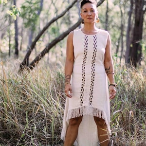 Boho Tribal Dress /  Asymmetrical Frayed Dress / Bohemian Cream Dress / Ethnic Block print Dress / Ethically Handmade / Organic Cotton Dress