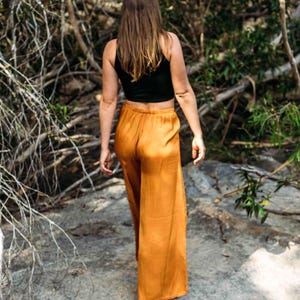 Gold Silk Trousers Bohemian High waisted pants Boho Palazzo Pants-Clothing for women Boho Loose pants for women with pockets Flared Pants