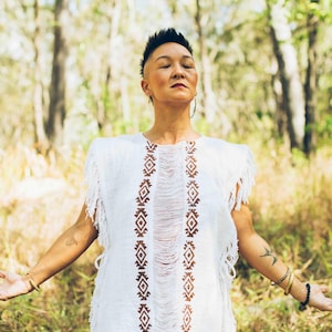 Tribal Raw Cotton Top Boho Hippie Festival Top Ivory Bohemian Block Print Top Organic Spiritual Clothing Natural White Frayed Tunic Women