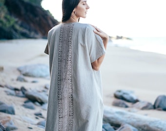 Block Print Cotton Kimono Kaftan Robe: Bohemian Beach Cover Up, Priestess Robe White