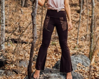 Small Brown Boho Flare Leggings-Flare pants•Boho pants women•Festival flares•Festival pants women•Boho flare pants•Boho clothing for women•