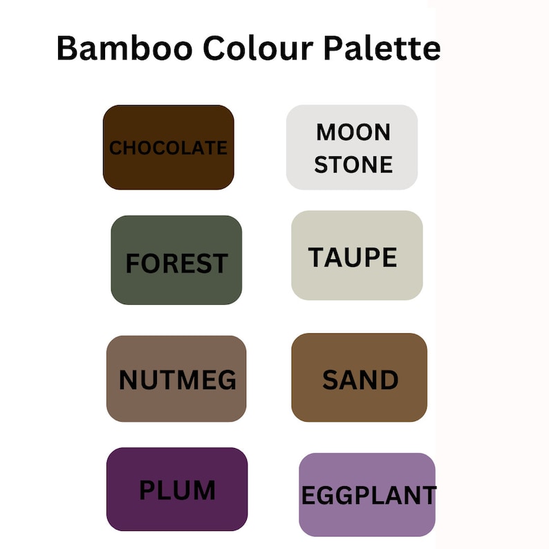 Pu&ograve; includere: Una tavolozza di colori etichettata "Bamboo Colour Palette" con otto blocchi rettangolari. Ogni blocco mostra un colore diverso con un nome corrispondente: Cioccolato, Pietra di Luna, Foresta, Talpa, Noce Moscata, Sabbia, Prugna e Melanzana.