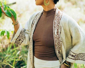 Handmade Organic Cotton Bohemian Cardigan: Block Print Kimono Jacket