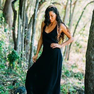 Linen Dress-Boho Maxi Dress-Double slit loose style maxi dress-black long dress-Boho clothing-Bohemian clothing-Bohemian dress image 1