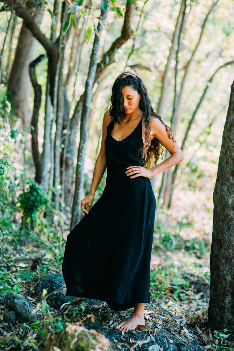 Linen Dress-Boho Maxi Dress-Double slit loose style maxi dress-black long dress-Boho clothing-Bohemian clothing-Bohemian dress image 1