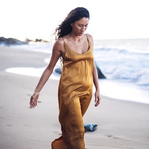Silk Slip Dress Low Back Dress Bohemian Boho dress Evening Dress Maxi dress-Maxi slip dress Double Split dress Spaghetti strap dress LBD