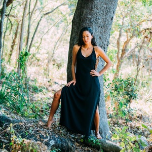 Linen Dress-Boho Maxi Dress-Double slit loose style maxi dress-black long dress-Boho clothing-Bohemian clothing-Bohemian dress image 8