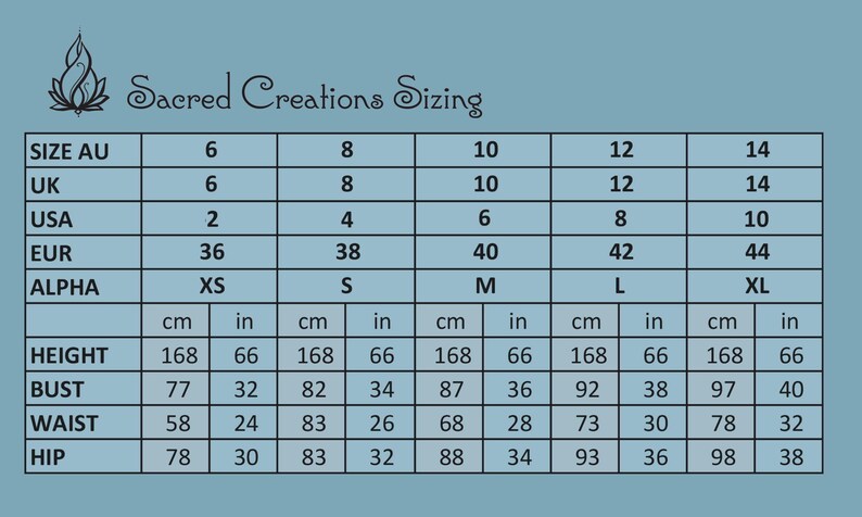 May include: A size chart from Sacred Creations, with measurements in both centimeters and inches. The chart includes sizes for AU, UK, USA, EUR, and ALPHA, with corresponding measurements for height, bust, waist, and hip.
