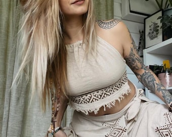 Boho Baumwolle Neckholder Top & Maxi Rock Set: Ethnische Tribal Naturmaterial Boho Kleidung, Sommer Festival Outfit