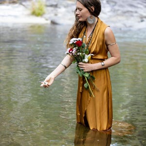 Boho Side Split Maxi Dress / Bohemian Goddess Clothing / Silk Long Boho Summer Dress / Tie up Flowy Sleeveless Dress