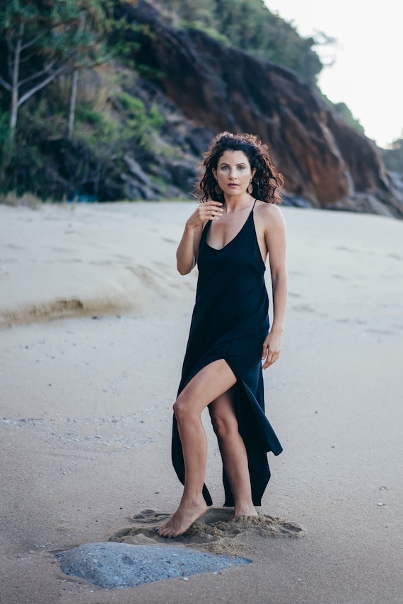 Boho Black Maxi Slip Dress: Linen Blend, Double Split - Etsy Israel Boho Black Maxi Slip Dress: Linen Blend, Double Split - Etsy Israel