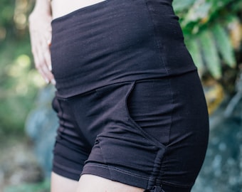 Bamboo High Waisted Yoga Shorts, Cinch Sides - Sustainable Organic Clothing