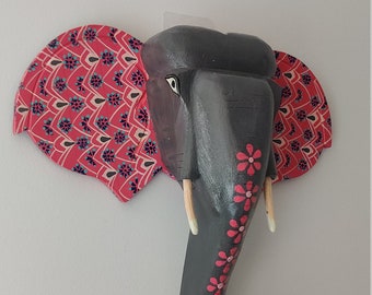 Pink/grey bohemian design -Elephant wooden head/Wall decor/Wall hanging