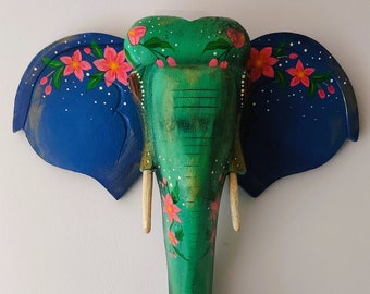 Blue, green floral -Garden theme Elephant wooden head/Wall decor/Wall hanging