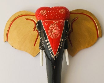 Black,red -Traditional Indian design -Elephant wooden head/Wall decor/Wall hanging