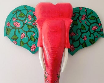 Pink and green Elephant wooden head/Wall decor/Wall hanging