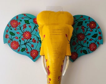 Elephant wooden head with bright yellow and red flowers/wall hanging/decor