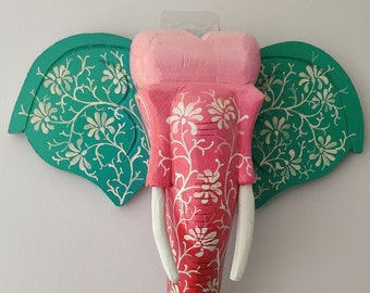 Pink/Green with White floral design -Elephant wooden head/Wall decor/Wall hanging