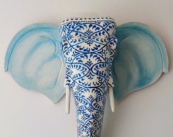 Blue and White Bohemian designs on Elephant wooden head/Wall decor/Wall hanging