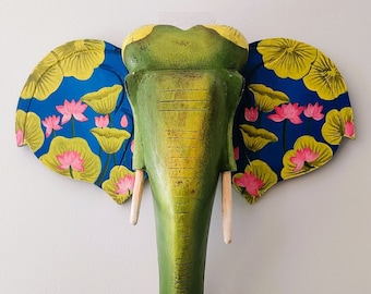 Lotus design on Elephant wooden head/Wall decor/Wall hanging