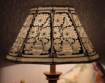 Black Mandala Large Floor Lamp Shade in Vintage Style | Leather Lampshade Hand Painted in Floral Pattern | Octagonal Lampshade