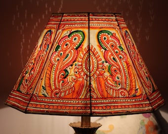 Peacock Floor Lamp Shade Large | Hand Painted Leather Lampshade with link chain border | Unique Pattern Floor Lampshade H-10, W-16 inch#9.